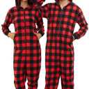 U2SKIIN Couple Onesie Pajama Sets, Hooded Zipper Christmas Matching Plaid Pjs Set for Men and Women Soft Warm Jumpsuit (Red, S)