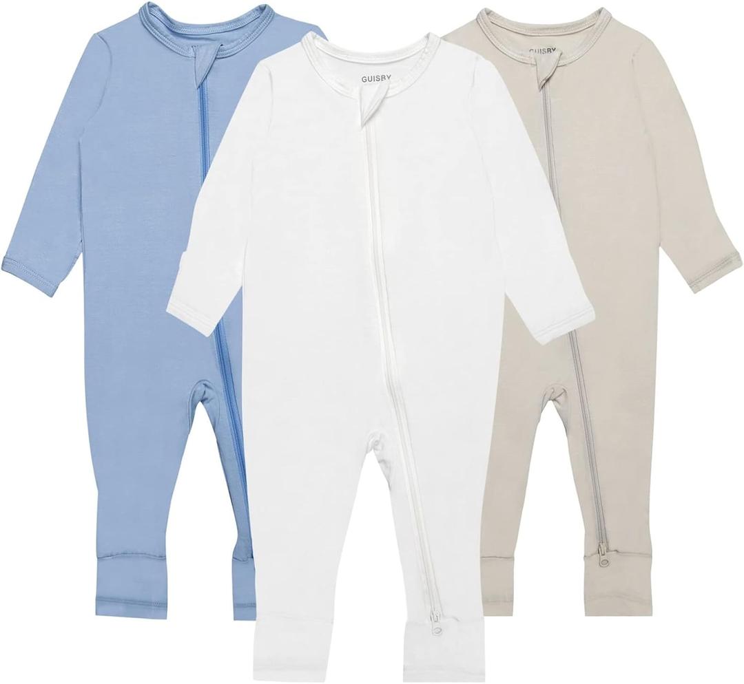 GUISBY Baby Pajamas with Mitten Cuffs - 3Pcs Girls Boys 2 Way Zipper Long Sleeve Rayon Sleepers (Newborn, Oatmeal-Cream-Light Blue)
