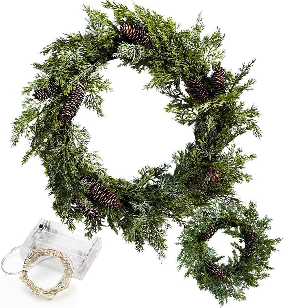 2-Pack 24in Artificial Christmas Wreaths for Front Door Frosty White Pine Needle Pine Cone Christmas Wreath with Lights Christmas Decoration Holiday Window Wedding Decor