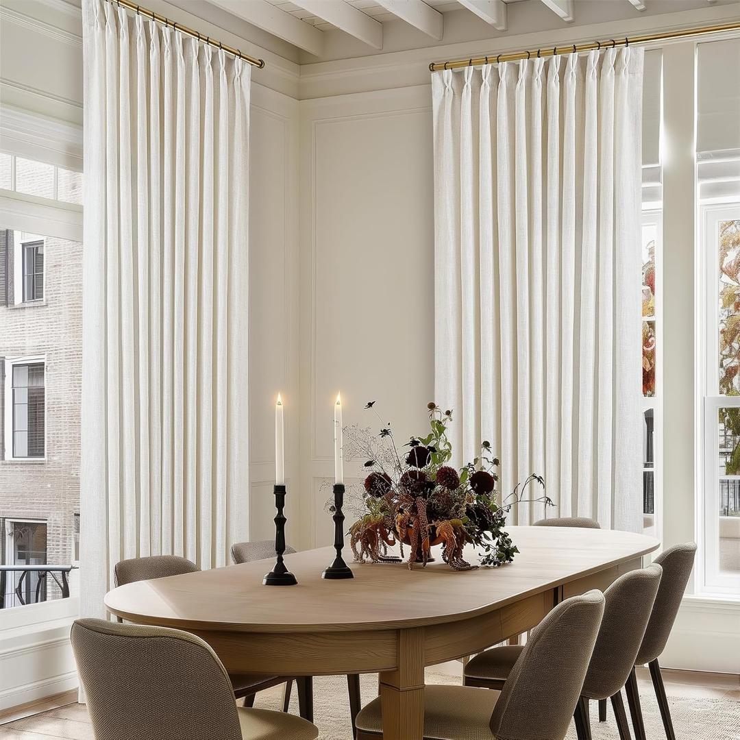 TWODRAPES 102 Inch Long Curtains Extra Wide 70 Inch Width Pinch Pleat Linen Curtains for Living Room Cream Light Filtering Privacy Pleated Hooks Rings Back Tab for Sliding Door 1 Panel (Natural)