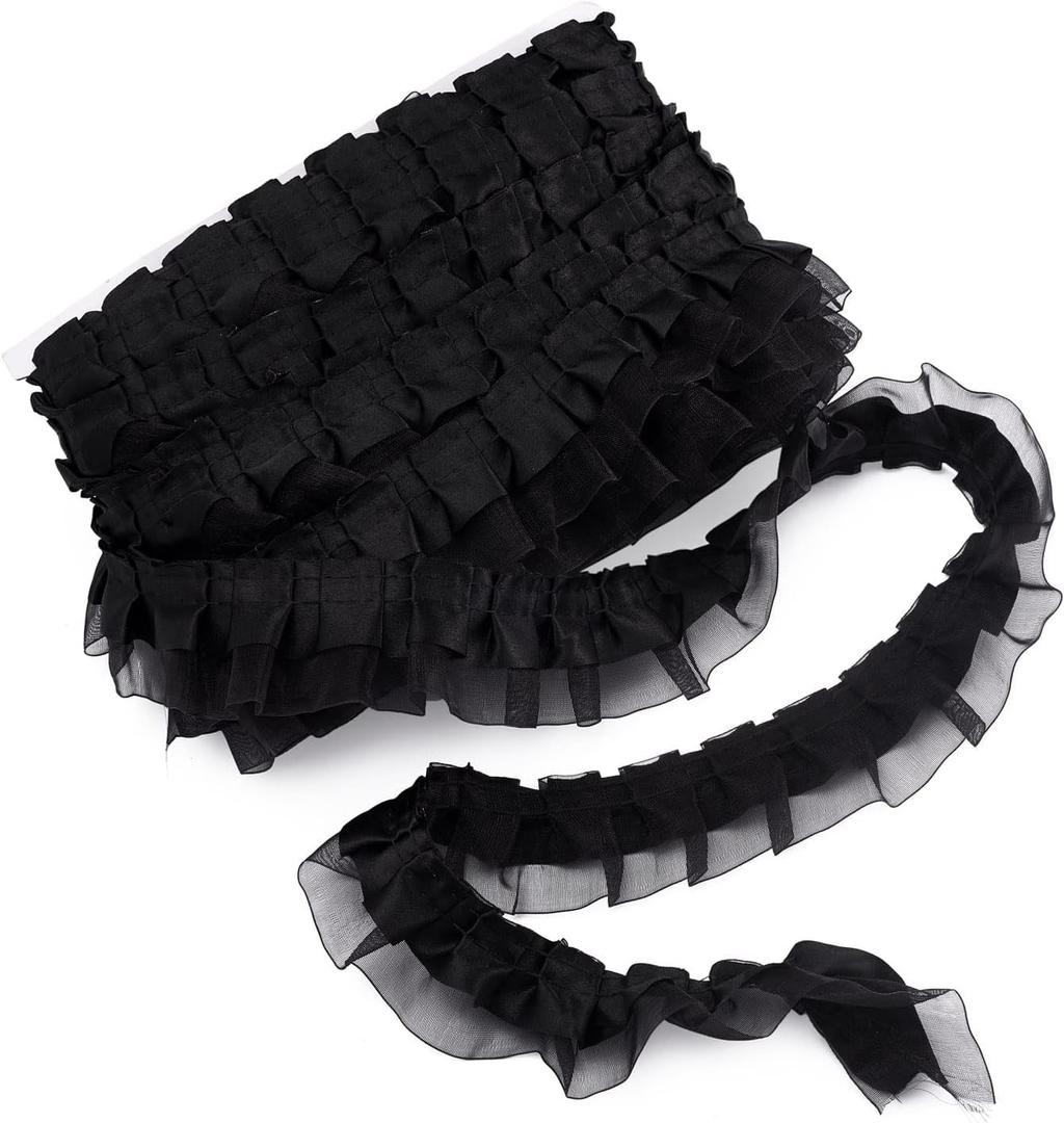 Pandahall 21.8 Yards Satin Organza Lace Edge Trim 2-Layer Gathered Ruffle Chiffon Ribbon 1-5/8 Inch Black Pleated Edging Trimmings Fabric for Cloth Sewing Embroidered Applique Wedding Party Decor