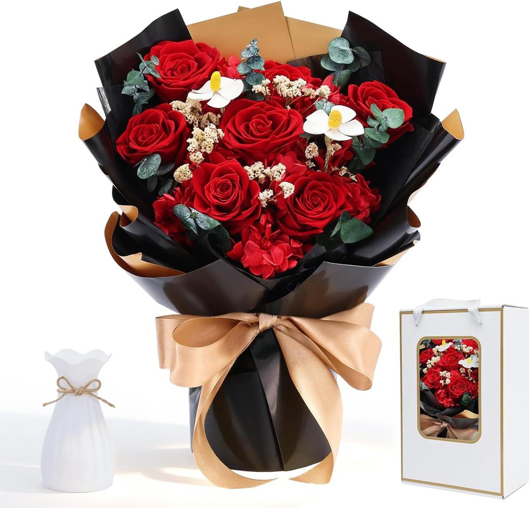 Preserved Red Rose Bouquet for her, Eternal Rose Gift Set in Premium-Quality for Girlfriend, Engagement, Mother’s Day, Birthday, Anniversary, Graduation, Valentine’s Day, Independent Day
