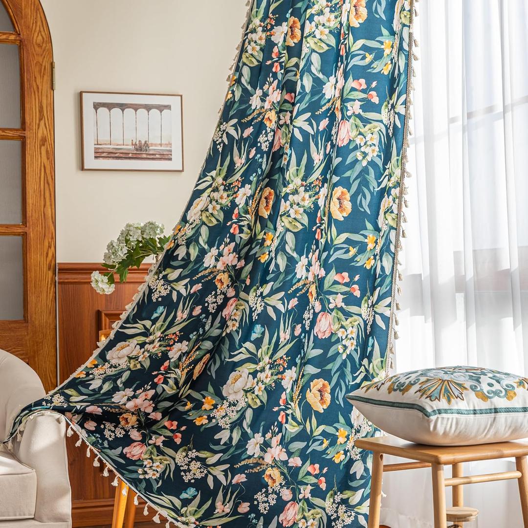 Boho Floral Curtains French Country Farmhouse Curtains 96 Inches Long Light Filtering Window Rod Pocket Drapes for Living Room 2 Panels-Navy Blue Floral Boho Floral Curtains French Country Farmhouse Curtains 96 Inches Long Light Filtering Window Rod Pocket Drapes for Living Room 2 Panels-Navy Blue Floral