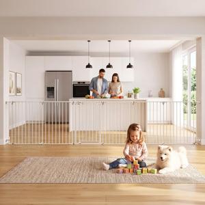 Mumeasy 150" Extra Wide Baby Gate, Play Yard Long Dog Gate for Doorways
Pet Gate Auto Close Walk Thru Door, Adjustable Large Child Safety Fence Gate for House Fireplace Outdoor,6 Metal Panels,White