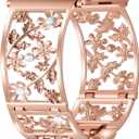 Floral Band Compatible with Apple Watch Jewelry Band 42mm 44mm 45mm 46mm 49mm iWatch Series 11 10 9 8 7,Bling Crystal Bracelet Hollow Metal Strap,Cute Women Wristband(42/44/45/46/49mm,Rose Gold)