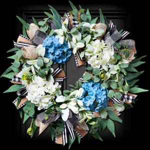 Hydrangea Wreath for Front Door Year Round, 20-22" Spring Summer Wreath with Buffalo Check Burlap Bow Eucalyptus, Handmade Decor Used for Door Porch Wall Farmhouse Holiday