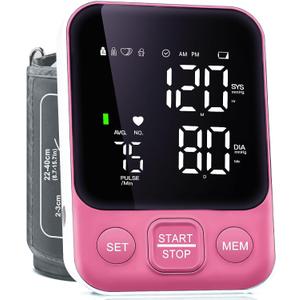 Blood Pressure Monitor Upper Arm Monitors for Home Use BP Machine with 2x120 Reading Memory Adjustable Arm Cuff 8.7"-15.7" Large Display with LED Background Light Storage Bag Pink