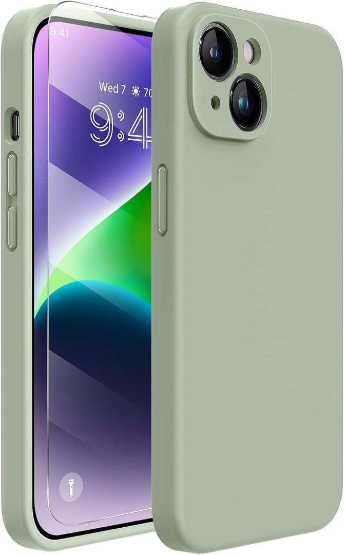 Miracase Designed for iPhone 14 Case with Screen Protector,[Upgraded Enhanced Camera Protection],Shockproof Liquid Silicone Case with Microfiber Lining, 6.1 inch,Patina Green