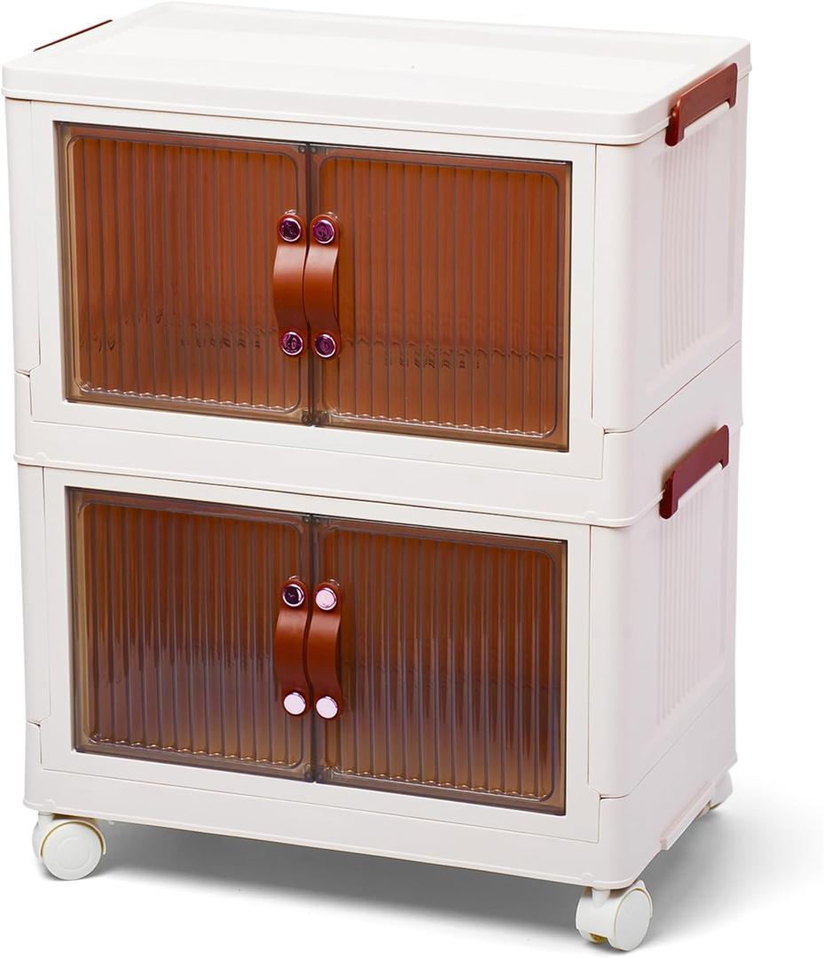 G-Rack Stackable Storage Organiser - Space-Efficient Plastic Storage Bin with Doors - Practical, Removable, Foldable Cabinet - Movable, Stackable Storage Bins - Transparent/White - Set of 2