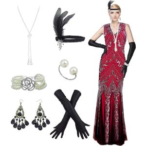 Women 's 1920s Sequin Gatsby Maxi Long Evening Prom Mermaid Hem Dress with 20s Costume Accessories (XX-Large)