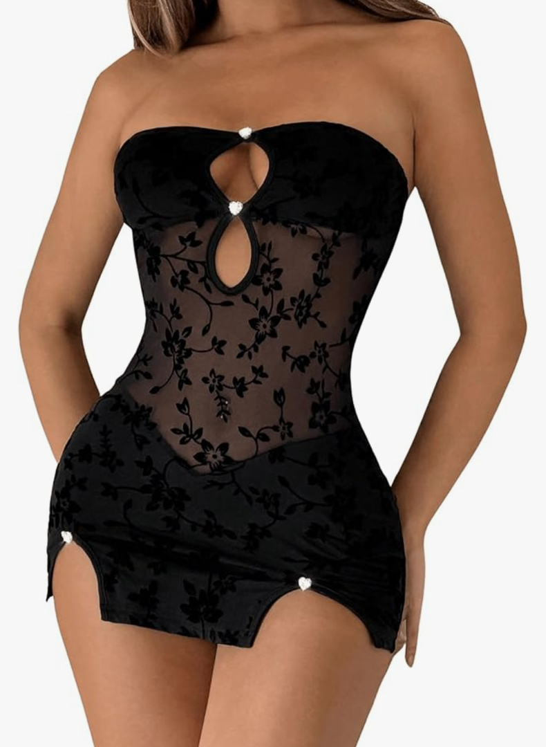 Milumia Women's Strapless Cut Out Mesh Sheer Tube Dress Sexy See Through Club Bodycon Mini Dresses Rave Concert L
