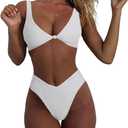geluboao Bikini Set for Women Solid V Neck Knot Front Push Up High Leg Thong Two Piece Swimsuit (Large, White)