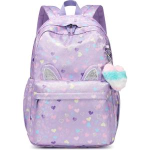 CaranY 30L Kids Backpack for Girls & Boys Waterproof Cat Ear School Bag Classic Large Size Lightweight Gift Purple Peach Heart Ideal for Ages 6-18+-Perfect for School & Everyday Use