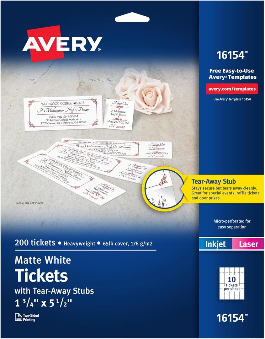 Avery Printable Tickets with Tear-Away Stubs, 1.75" x 5.5", Matte White, 200 Blank Tickets for Laser and Inkjet Printers (16154)
