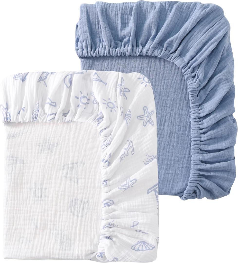 Baby Crib Sheets 2 PCS, 100% Organic Cotton Crib Sheet for Standard Crib Mattress(52x 28), Fitted and Soft Breathable Muslin Crib Mattress Sheet for Girl and Boy (Coastline & Dusk Blue)