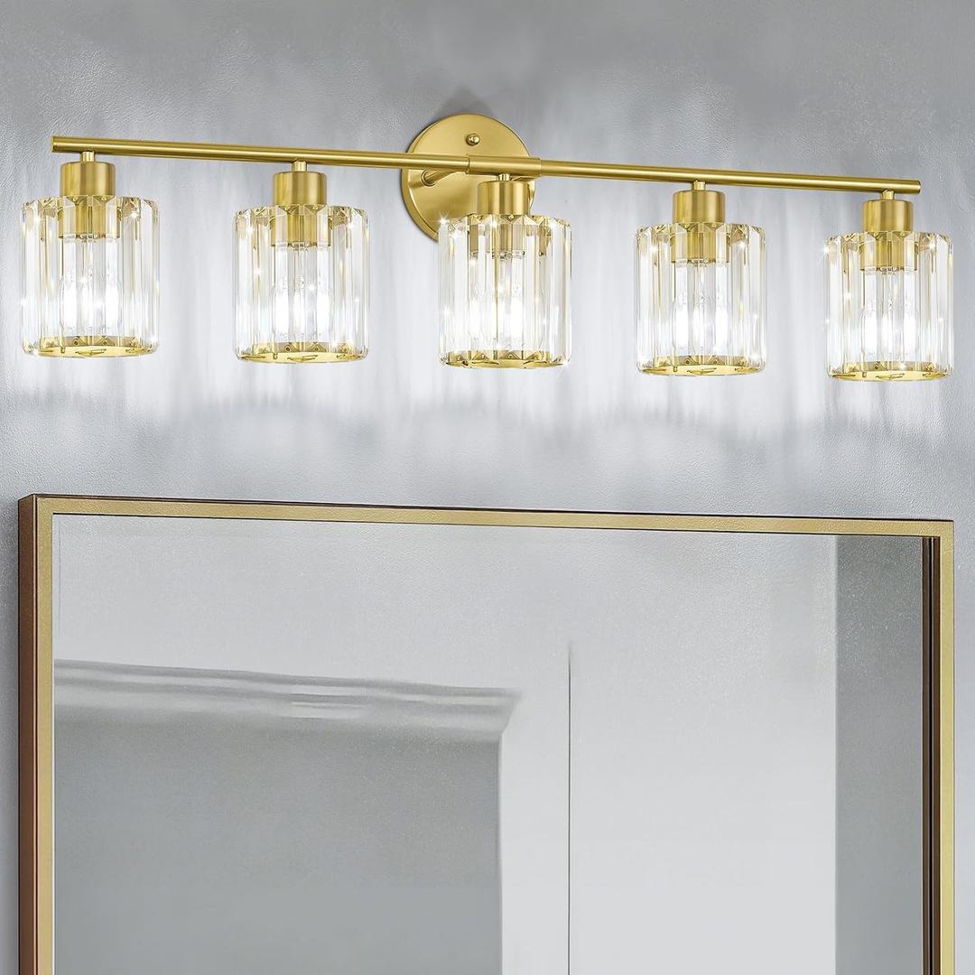 Modern Gold Crystal Bathroom Light Fixtures,5-Light