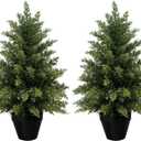 2 Feet Pre-Potted Evergreen Outdoor Artificial Cedar Tree for Front Porch Decor, Outdoor Entryway Decor Fake Tree, Tall Faux Tree with UV Resistant Coating (2 Pack)