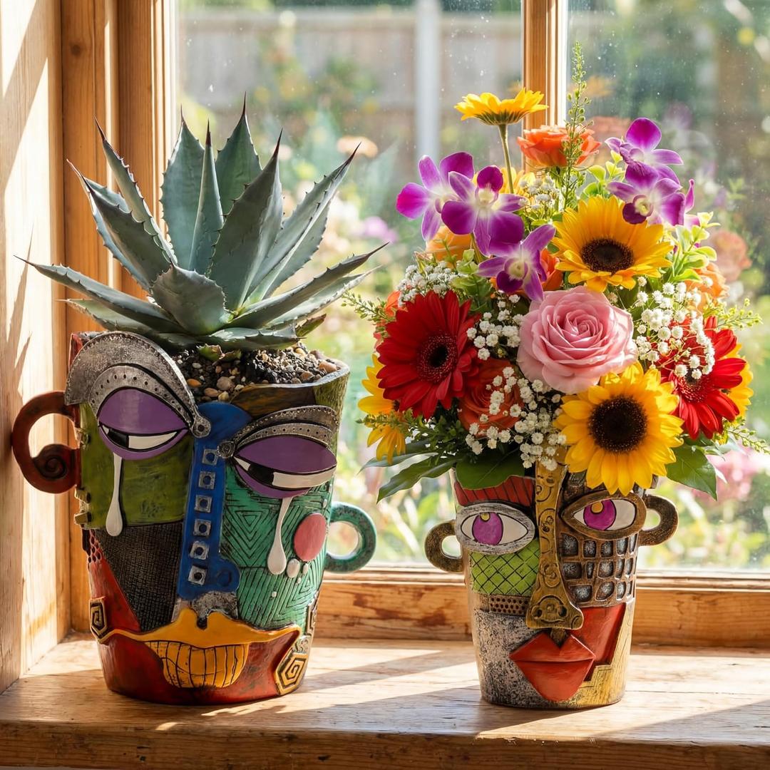 2 Pack Brutalist Abstract Face Planters Pots Head, Unique Abstract Flower Pot, Funny Planters Decoration Resin Face Flower Pot for Indoor and Outdoor Plants, Colorful Funny Room Decor