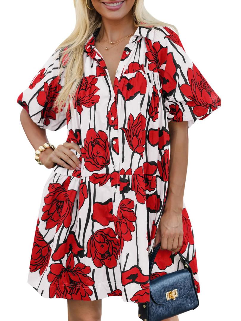 Skoinvb Women's Summer Short Puff Sleeve Floral Dress Button Down Loose Fit Casual Shirt Dresses Red XXL