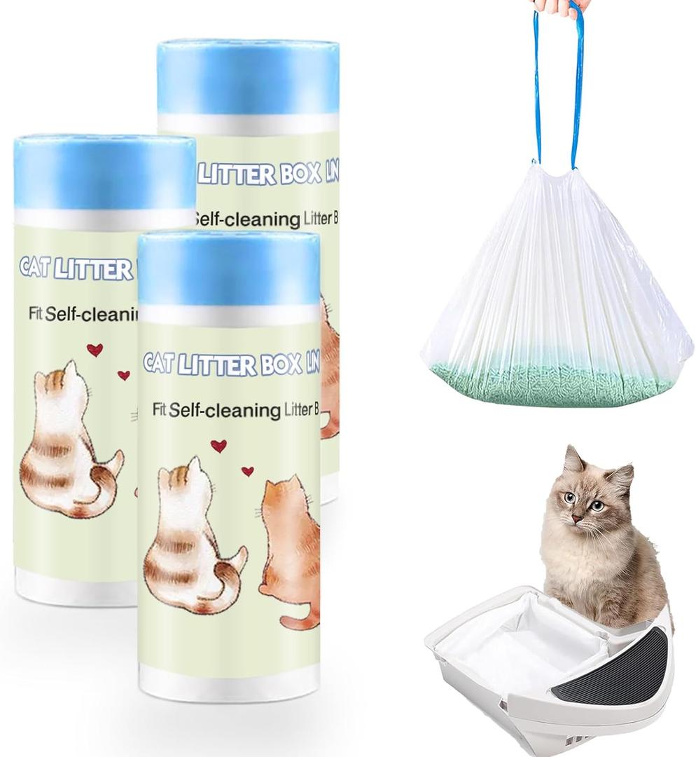 75 Count Self-Cleaning Cat Litter Box Liners 25.6" x 16.5" Compatible with Robot 4 3 Automatic Cat Litter Box, Drawstring Heavy Duty Waste Bags, 7-9 Gallon Trash Bag