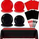 98 Pcs Red and Black Party Supplies Valentine's Day Black and Red Paper Plates Napkins Forks Tablecloths Tableware Set for Valentines Day Fiesta Congrats Wedding Birthday Party Decorations Serves 24
