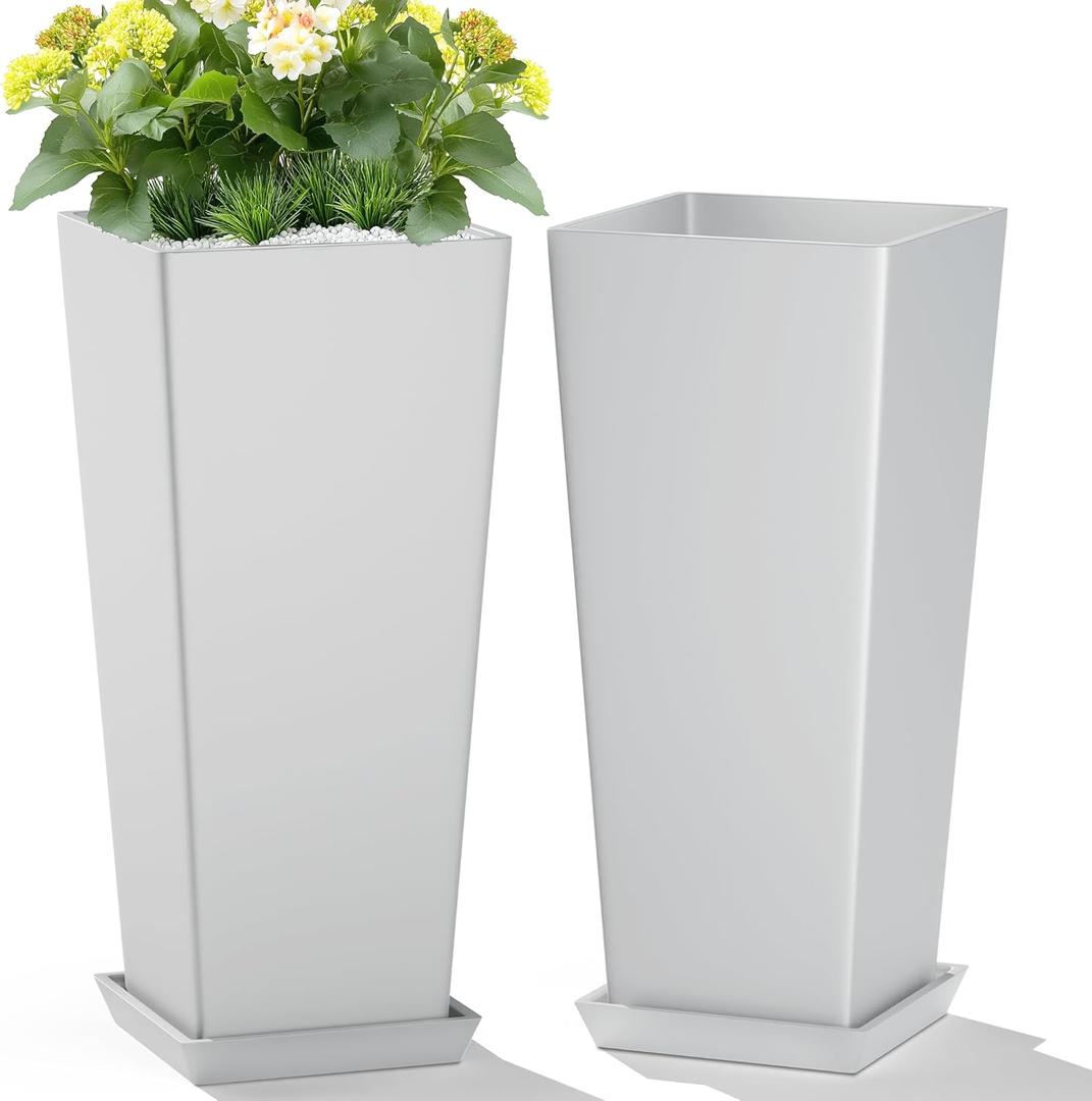 TUYOHW Set of 2 Tall Planters, 24" Large Indoor Outdoor Flower Pots with Tray, Modern Tapered Planters for Porch, Patio, Garden, Backyard(White)
