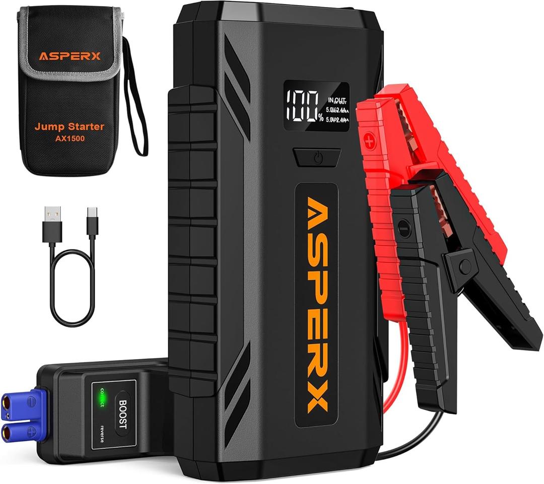 ASPERX Car Jump Starter, 2000A Peak Battery Jump Starter for Up to 7.0L Gas or 5.5L Diesel Engine, 12V Portable Battery Starter Power Pack with 1.4 INCH LCD Display (black)