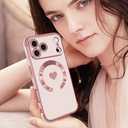Magnetic Case for iPhone 17 Pro Women Girls Luxury Plating Cute Love Heart Soft Back Cover Full Camera Lens Protection Compabtible with MagSafe for iPhone 17 Pro Case Pink