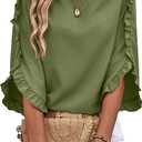 EVALESS 3/4 Length Sleeve Womens Tops Dressy Casual Blouses Crewneck Ruffle Sleeve Shirts Summer Outfits Business Work Tops M