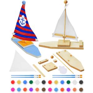 Jenaai 10 Pcs DIY Wooden Boat Kits Wooden Sailboat to Paint Decorate Unfinished Wood Blank Craft Model Boat Sailboat Activities for DIY Projects Handmade Gift Party
