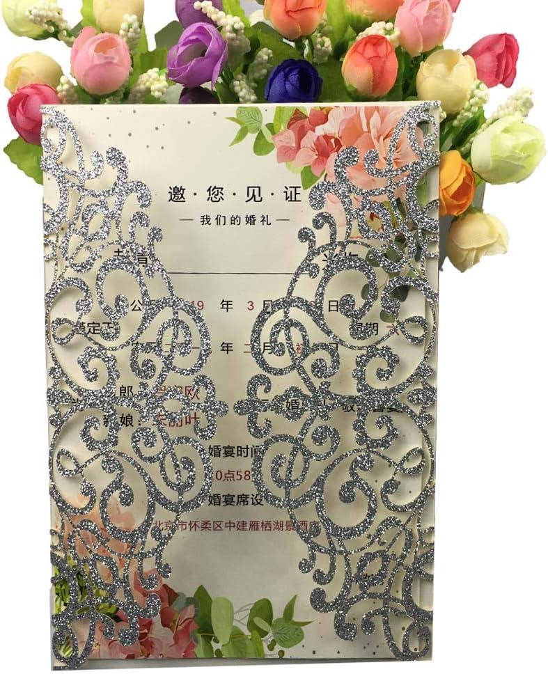 50 Sets 250GSM Silver Glitter Laser Cut Wedding Invitations Cards With Envelopes Inserts Birthday Greeting invites cards Bridal Shower 5X7