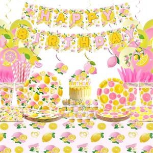 Lemon Birthday Party Decorations for Girl - Pink Lemon Party Supplies including Banner, Plate, Cake Topper, Cup, Napkin, Balloon, Tablecloth - Serves 20