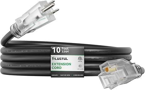 PLUGTUL Outdoor Extension Cord 10FT, 12 Gauge Extension Cord with Lighted End, Heavy Duty,15A 1875W SJTW, ETL Listed, Great for Garden and Home, Black