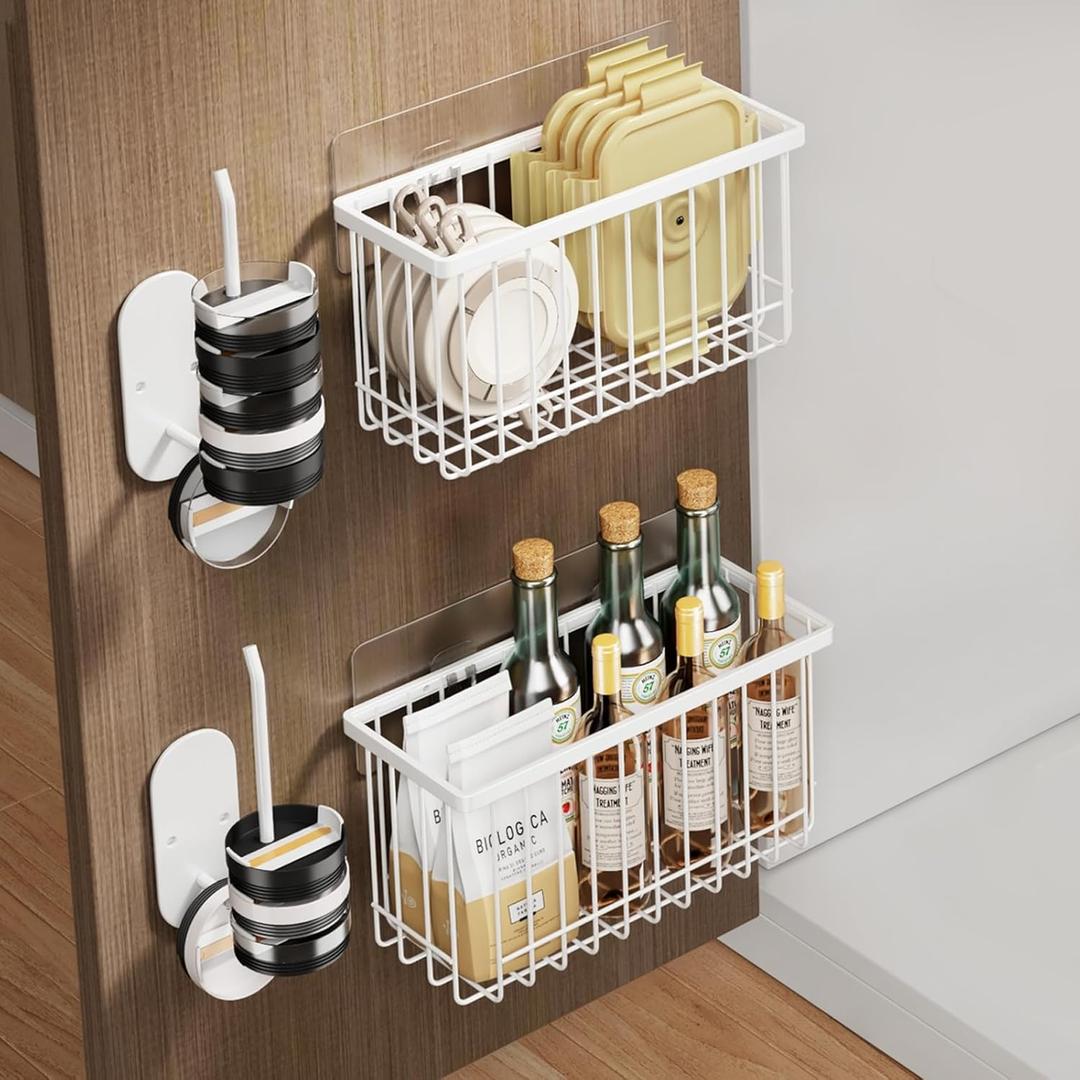 4 Pack Adhesive Cabinet Door Organizer, Lid Organizers Inside Cabinet Food Container/Tumbler Lid Organizer and Storage Cup Lids Holder for Kitchen & Bathroom Wall Mounted(White)