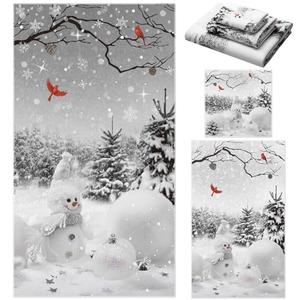 Preboun 3 Pack Christmas Snowman Bathroom Towels Set Grey Winter Forest Hand Towels Snowflakes Bath Towels Cardinal Dish Towels Christmas Washcloth for Bathroom Kitchen Hotel Beach Gym Spa