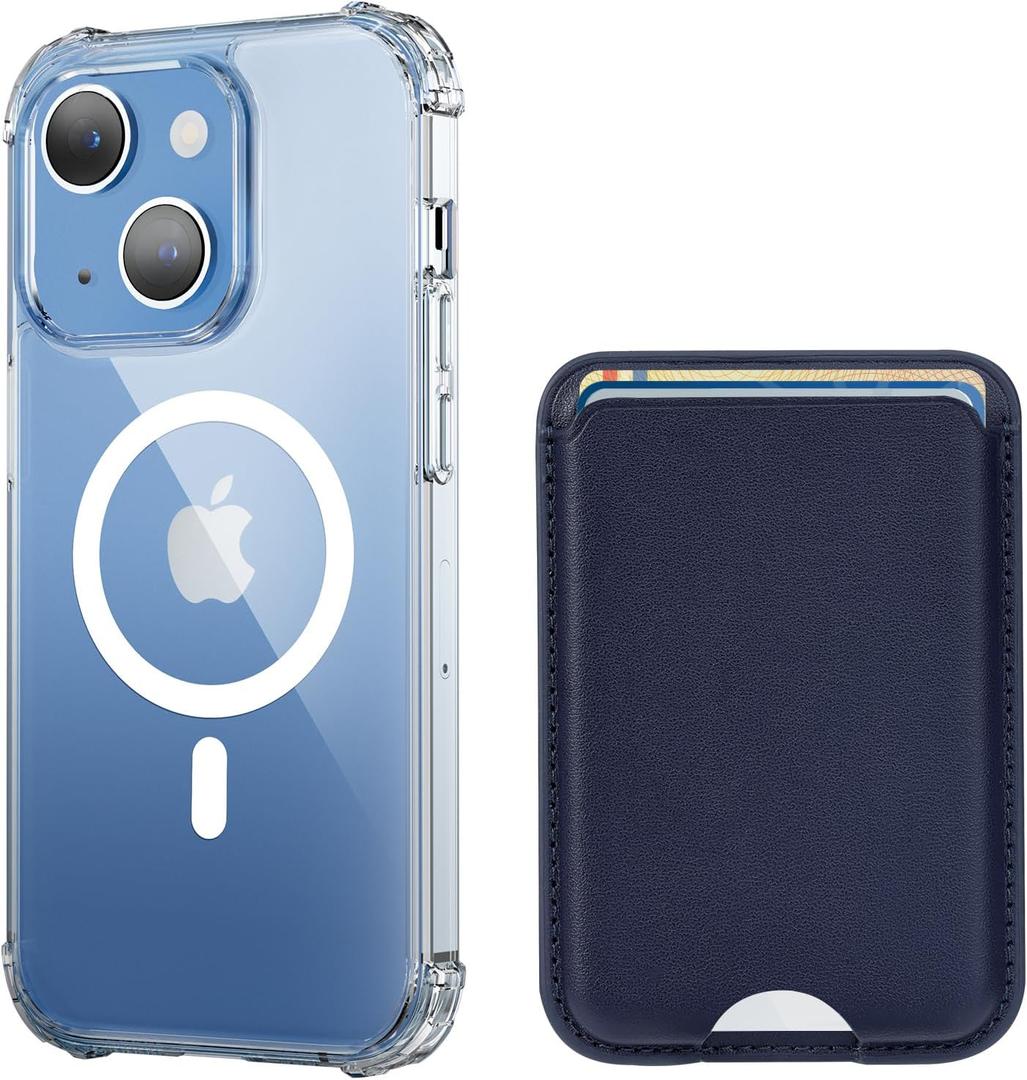 for iPhone 13 Case with Card Holder, Compatible with MagSafe Clear Case Magnetic Wallet, Anti-Yellowing & MIL-Grade Protective, Includes Detachable Blue Leather Wallet Holds 3 Cards