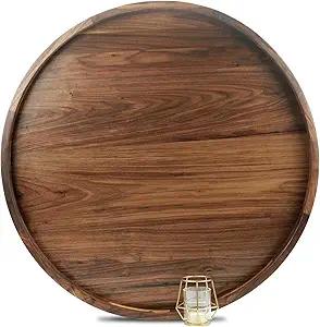 28 Inches Extra Large Round Black Walnut Wood Ottoman Tray with Handles, Serve Tea, Coffee, Classic Circular Wooden Decorative Serving Tray