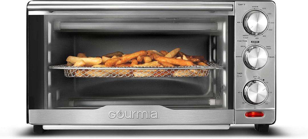 Gourmia GTF7350 6-in-1 Multi-function, Stainless Steel Air Fryer Oven - 6 Cooking Functions - Fry Basket, Oven Rack, Baking Pan & Crumb Tray, Included + Recipe Book (Silver)