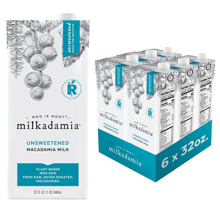 milkadamia Macadamia Milk - Unsweetened - 32 Fl Oz (Pack of 6) - Lactose Free, Vegan, Shelf Stable, Plant Based, Non Dairy, Dairy Free, BB Date: 24/03/2026