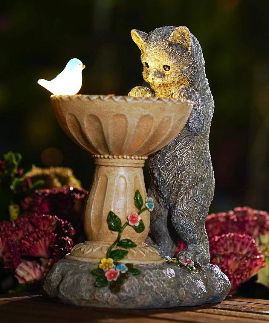 Nacome Solar Cat Statue for Garden Decor: IP44 Weatherproof Resin with Automatic Lighting - No Installation- Outdoor Yard Patio Balcony Art - Birthday Gifts for Bird Lovers Mom Grandma Women