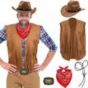 5 PCS Cowboy Outfit for Men-Western Costume Set Hat Necklace Bandana Tassel Vest for Cosplay Rodeo Party (Large, Brown)