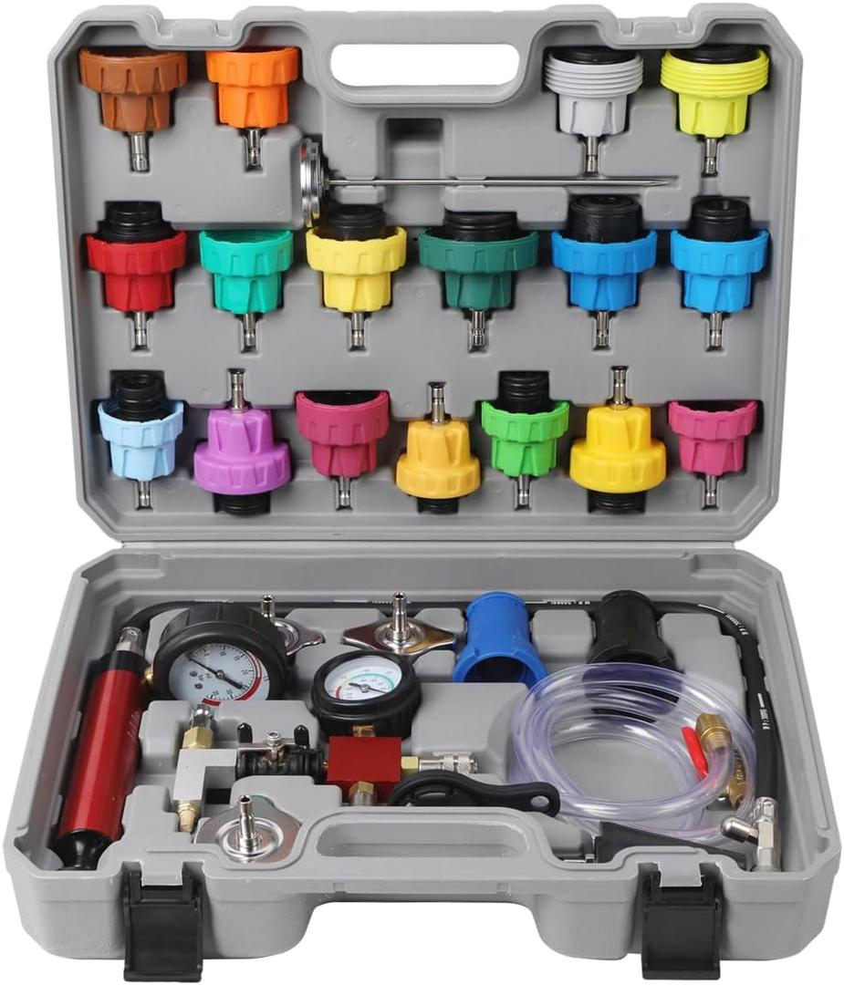 Radiator Pressure Tester Kit, Coolant Pressure Tester and Vacuum Refill Kit for Automotive Cooling System Water Tank Leakage Detection (Universal Fit 28PCS)