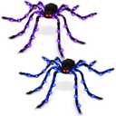 2 Pack 50" Halloween Light Up Spiders, Giant Hairy Spider Decorations with Blue and Purple LED Lights, Scary Indoor Outdoor Halloween Decor for Yard Porch Tree Party Haunted House