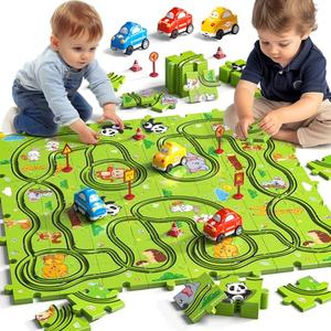 JUKUDAHU 64 Pieces Puzzle Race Track Car Set Toys for 3 4 5 6 Year Old Boys - Puzzle Tracks Car Toys for Kids Ages 3-5 with 3 Sliding Toy Cars, Animals-Themed, Birthday Gifts for Toddlers 1-3 2-4 4-6