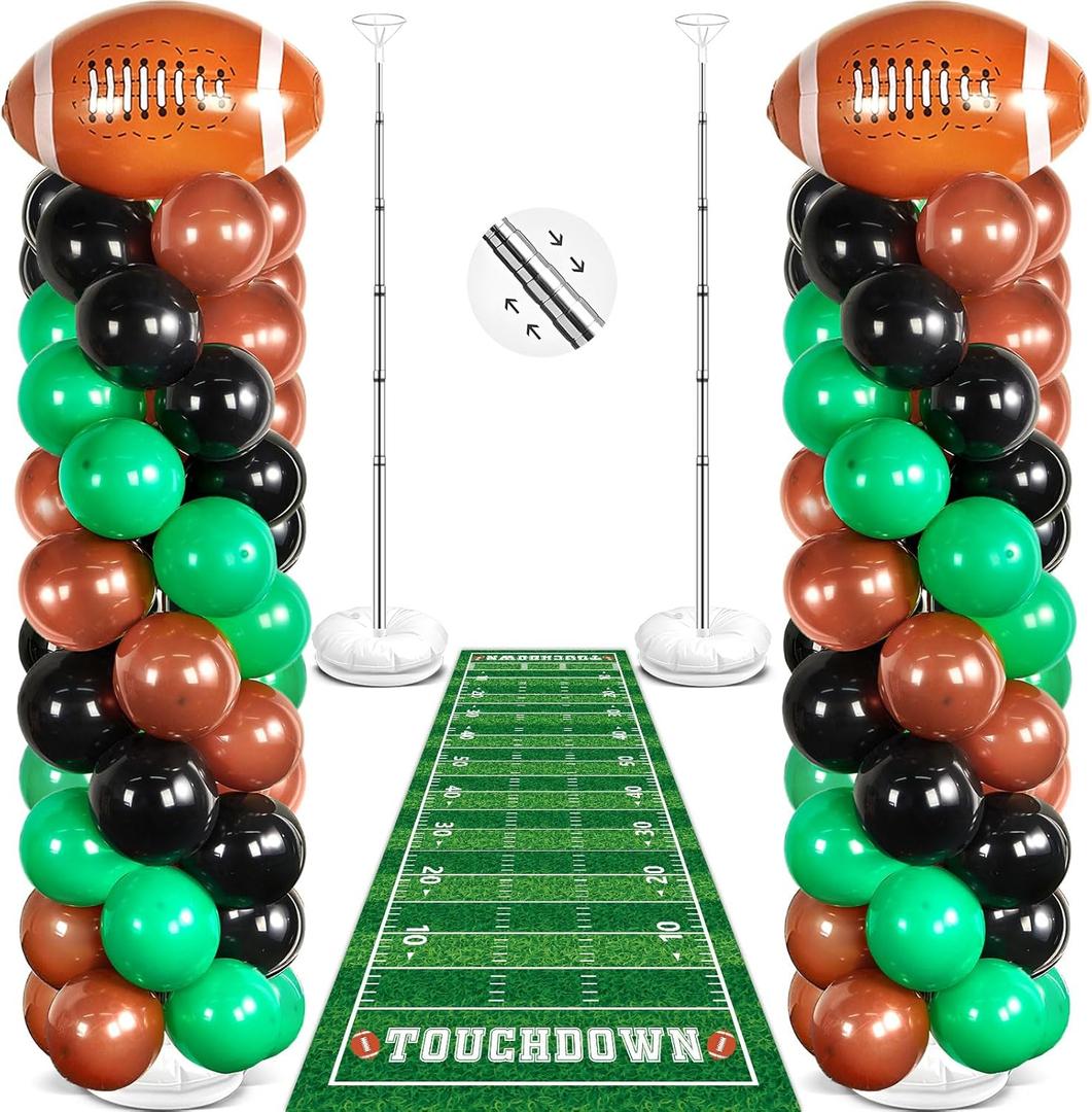 Football Party Balloon Column Stand Kit Sports Game Party Decoration Sport Themed Adjustable Balloon Stands Football Birthday Green Brown black Balloons Floor Runner for Game Day Tailgate supplies