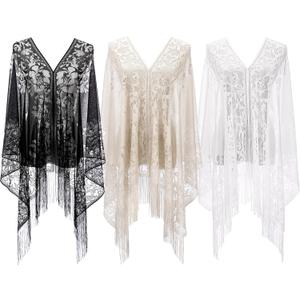 Patelai 3 Pcs Lace Shawls and Wraps for Evening Dresses Scarfs Women Fringe Scarf for 1920s Party Wedding Costume