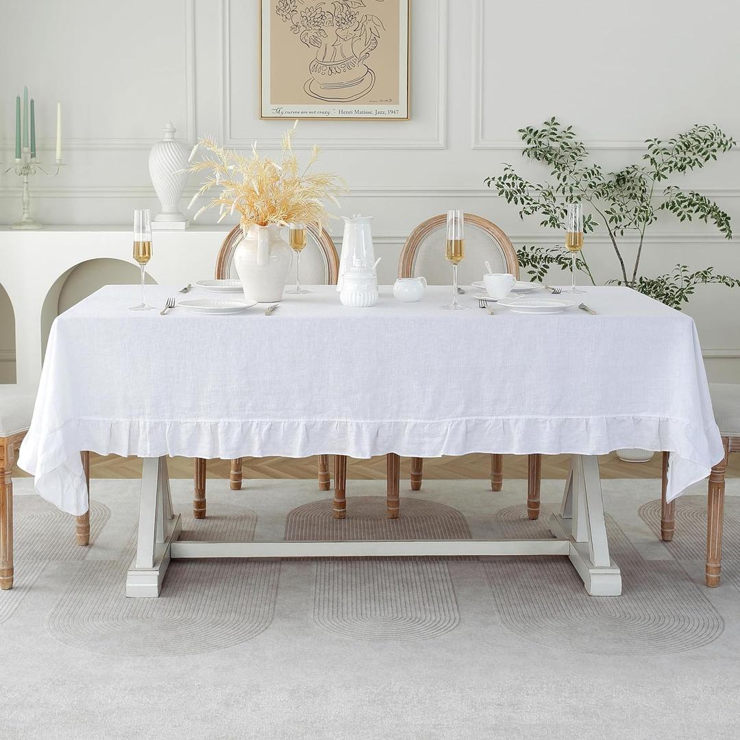 Ruffle Tablecloth, White Tablecloth 120" x 60" Inch, Washable Rectangular Tablecloth for Dining, Outdoor, Weddings and Restaurants, Decorative Valentine Easter
