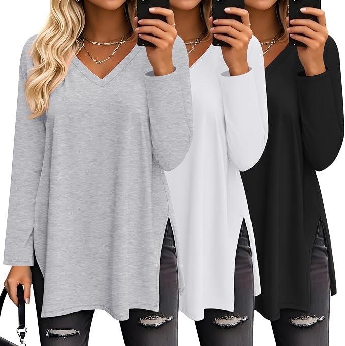 Huukeay 3 Pack Womens Oversized Long Sleeve T Shirts V Neck Knit Casual Workout Tunic Tops Side Split Loose Basic Tees(Black, White, Heather Gray,Small)