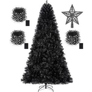 KTKDE 7.5ft Black Christmas Tree Artificial Halloween Tree Decorations with 1,450 Tips-1pcs Treetop Star 3 Set 300 Led String Lights, Pencil Christmas Tree Indoor Holiday Party Decorations