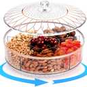 AVLA Rotating Snack Tray with Lid, 11.5" Plastic Divided Serving Dishes, Round Appetizer Platter, 6 Compartments Food Storage Organizer for Dried Fruits, Nuts, Candies, Veggie, Cookies(Clear)